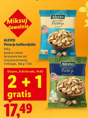 Pistacje kalifornijskie prażone i solone 2+1 GRATIS promocja w Lidl