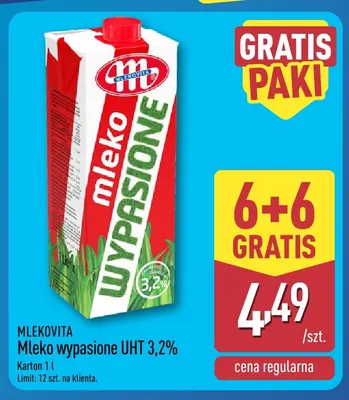Mleko UHT wypasione Mlekovita 3,2% promocja w Aldi