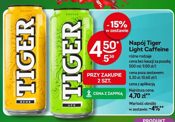 Napój energetyczny Tiger Light Caffeine różne rodzaje promocja w Żabka