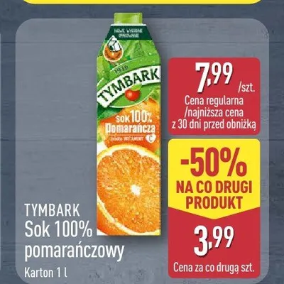 Sok 100% pomarańczowy Tymbark promocja w Aldi