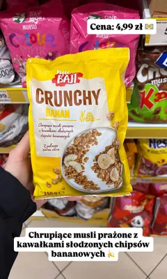Chrupiące musli prażone z kawałkami słodzonych chipsów bananowych nju BAJT Crunchy Banan promocja w Dino