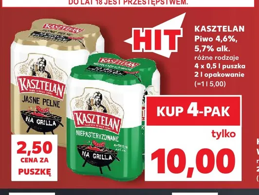 Piwo Kasztelan Niepasteryzowane 4-pak 500 ml promocja w Kaufland