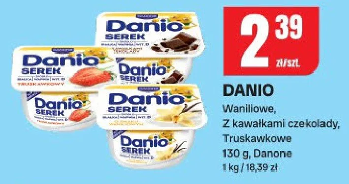 Serek waniliowy, z kawałkami czekolady, truskawkowy Danio promocja w Chorten