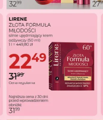 Silnie ujędrniający krem odżywczy Lirene Złota Formuła Młodości promocja w Drogerie Jawa