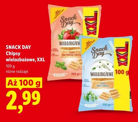 Chipsy wielozbożowe smak pomidor z bazylią XXL Snack Day promocja w Lidl
