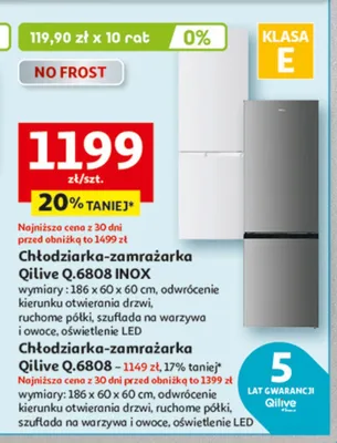 Chłodziarka-zamrażarka Q.6808 INOX wymiary: 186 x 60 x 60 cm, odwrócenie kierunku otwierania drzwi, ruchome półki, szuflada na warzywa i owoce, oświetlenie LED promocja w Auchan