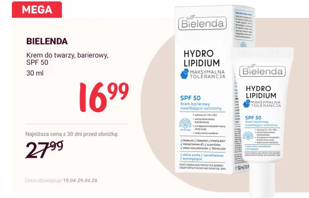 Krem do twarzy Bielenda Hydro Lipidium barierowy nawilżająco-ochronny SPF 50 promocja w Rossmann