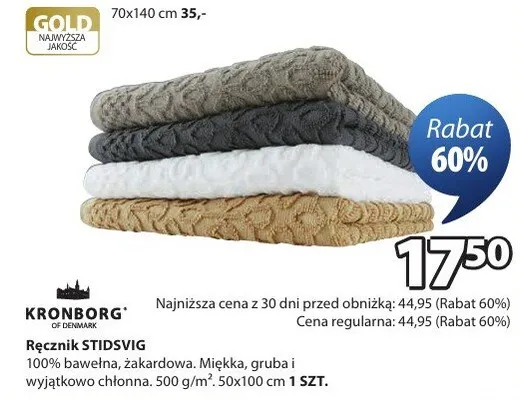 Ręcznik 100% bawełna, zakardowa. Miękka, gruba i wyjątkowo chłonna. 500 g/m². 50x100 cm promocja w Jysk