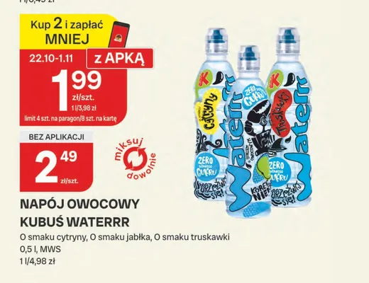 Napój owocowy Kubuś Waterrr o smaku jabłka promocja w Chorten