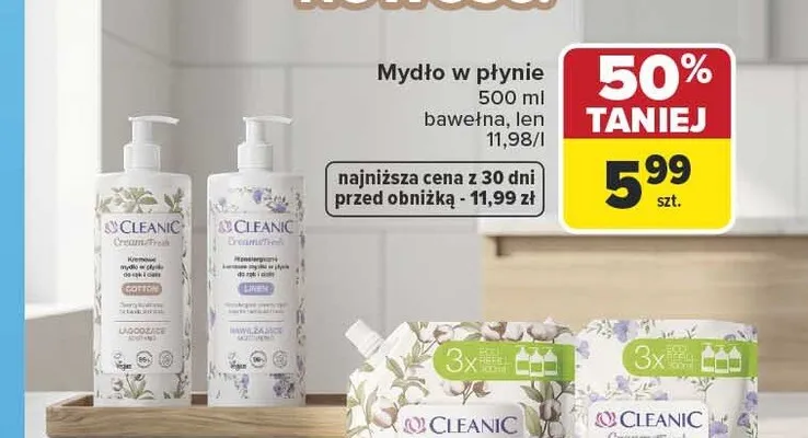 Mydło w płynie Cleanic len promocja w Carrefour