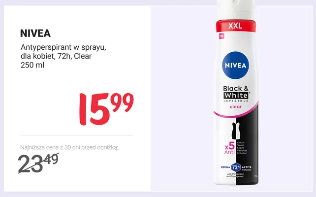 Antyperspirant w sprayu dla kobiet 72h Clear Nivea promocja w Rossmann