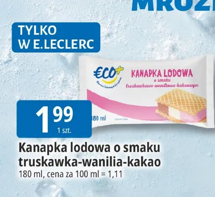 Kanapka lodowa o smaku truskawka-wanilia-kakao ECO+ promocja w Leclerc