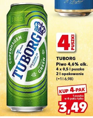 Piwo Tuborg Green 4,6% 4-pak 4x0,5l puszka promocja w Kaufland