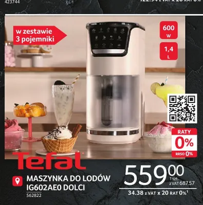 Maszynka do lodów TEFAL IG602AE0 DOLCI 600W 1,4l promocja w Selgros