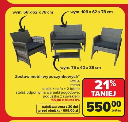 Zestaw mebli wypoczynkowych Pola Rattan stolik + sofa + 2 fotele promocja w Carrefour