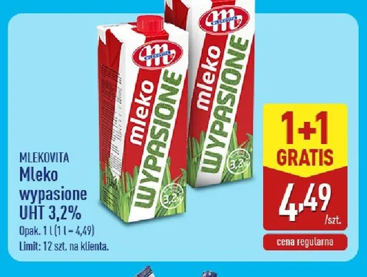 Mleko wypasione UHT 3,2% Mlekovita promocja w Aldi