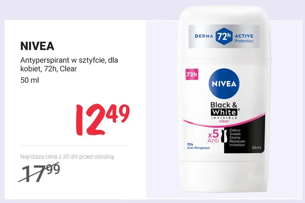 Antyperspirant w sztyfcie dla kobiet 72h Clear Nivea Black & White Invisible promocja w Rossmann