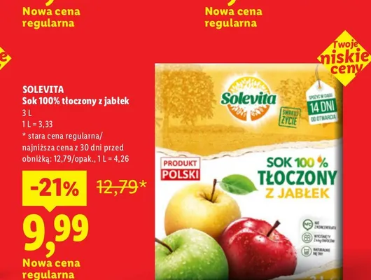 Sok 100% tłoczony z jabłek Solevita promocja w Lidl