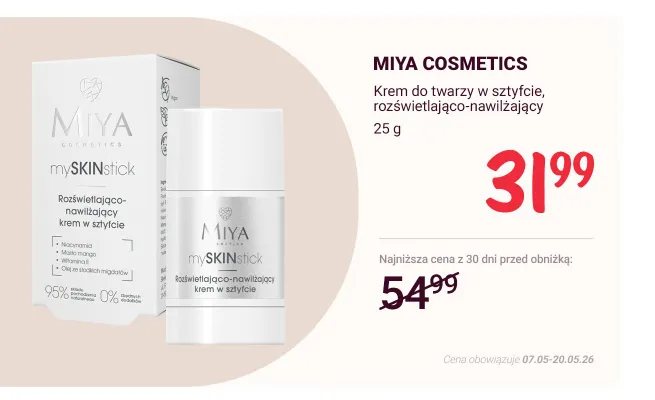 Krem do twarzy w sztyfcie rozświetlająco-nawilżający MIYA COSMETICS promocja w Rossmann