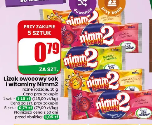 Lizak owocowy sok i witaminy Nimm2 promocja w Dino