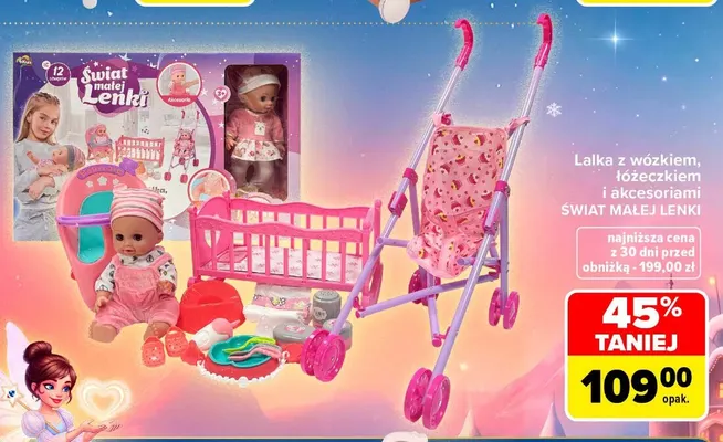 Lalka z wózkiem, łóżeczkiem i akcesoriami Świat Małej Lenki promocja w Carrefour