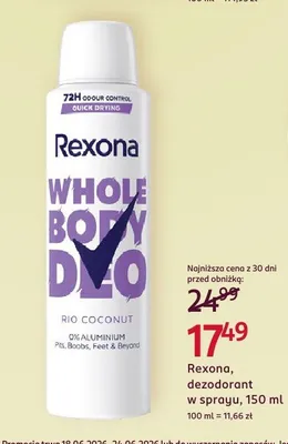 Dezodorant w sprayu Rexona Whole Body Deo Rio Coconut promocja w Rossmann