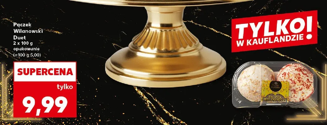 Pączek wilanowski duet z nadzieniem o smaku crème brûlée wykończony złotą dekoracją promocja w Kaufland