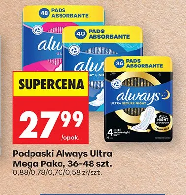 Podpaski Always Ultra Secure Night 36szt. promocja w Biedronka