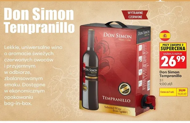 Wino czerwone wytrawne Don Simon Tempranillo promocja w Biedronka
