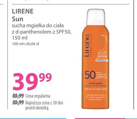 Sucha mgiełka do ciała z d-panthenolem SPF50 Lirene Sun promocja w Hebe
