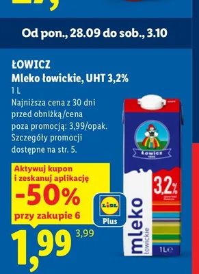 Mleko UHT łowickie Łowicz 3,2% promocja w Lidl