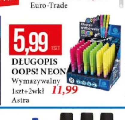 Długopis wymazywalny Oops! Neon Astra 1 szt + 2 wkłady promocja w Leclerc