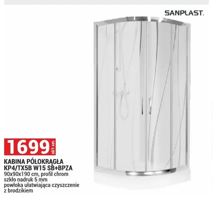 Kabina półokrągła KP4/TX5B W15 SB+BPZA Sanplast promocja w Merkury Market