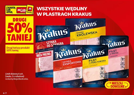 Wszystkie wędliny w plastrach Krakus DRUGA -50% promocja w Biedronka
