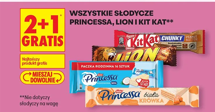 Wszystkie słodycze Princessa, Lion i Kit Kat 2+1 GRATIS promocja w Biedronka