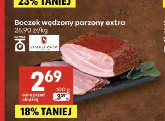 Boczek wędzony parzony extra Stanisławów promocja w Delikatesy Centrum