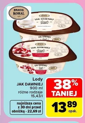 Lody śmietanka z truskawką Bracia Koral Jak Dawniej promocja w Carrefour