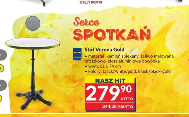 Stół Verona Gold kamień spiekany żeliwo malowane proszkowo złota aluminiowa obwódka 61x74cm promocja w Makro