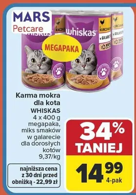Karma mokra dla kota Whiskas megapaka miks smaków w galarecie dla dorosłych kotów promocja w Carrefour Market