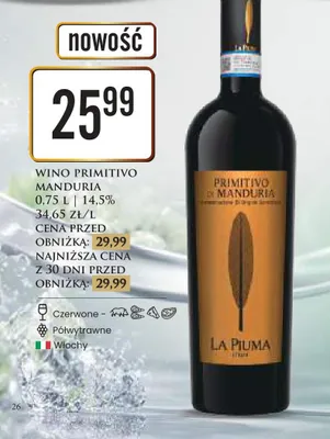 Wino czerwone półwytrawne La Piuma Primitivo di Manduria promocja w Dino