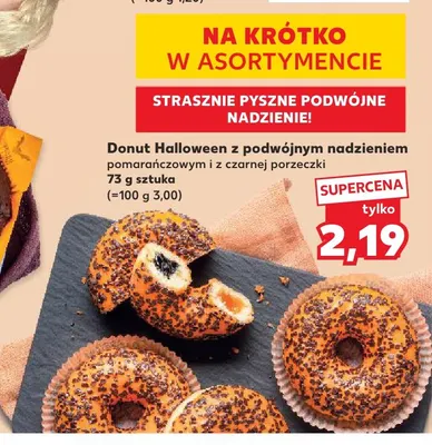 Donut Halloween z podwójnym nadzieniem pomarańczowym i z czarnej porzeczki promocja w Kaufland