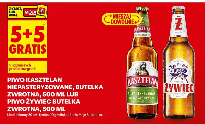 Piwo niepasteryzowane w butelce 5+5 GRATIS Kasztelan promocja w Biedronka