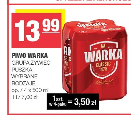 Piwo Warka Classic 4-pak promocja w SPAR