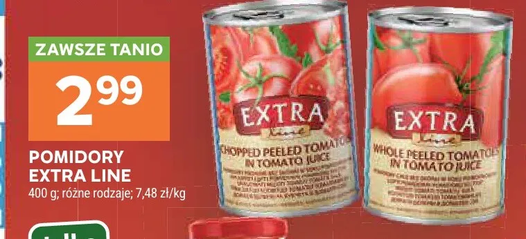 Pomidory całe bez skórki w soku pomidorowym Extra Line promocja w Stokrotka