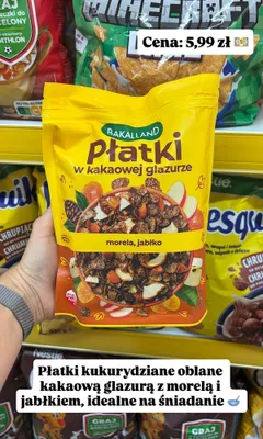 Płatki w kakaowej glazurze z morelą i jabłkiem Bakalland promocja w Dino