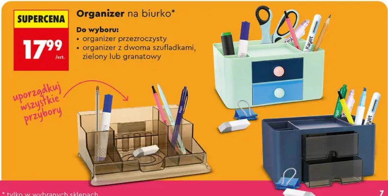 Organizer na biurko z dwoma szufladkami, zielony lub granatowy promocja w Biedronka