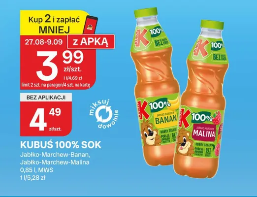 Sok Kubuś Jabłko-Marchew-Banan 100% promocja w Chorten