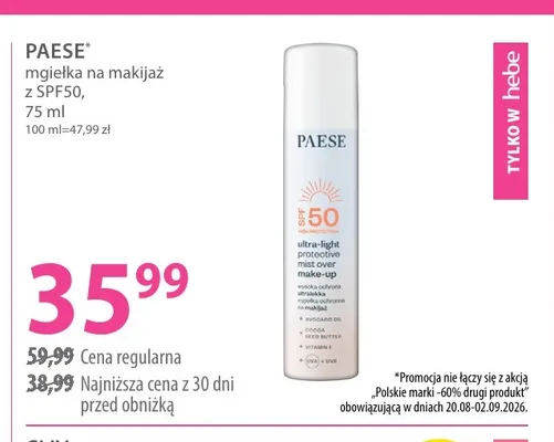 Mgiełka na makijaż PAESE z SPF50 promocja w Hebe