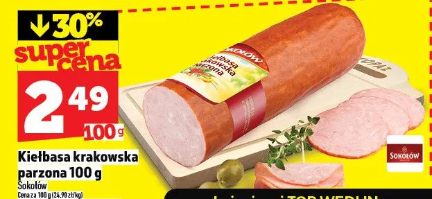 Kiełbasa krakowska parzona 100 g promocja w TOPAZ