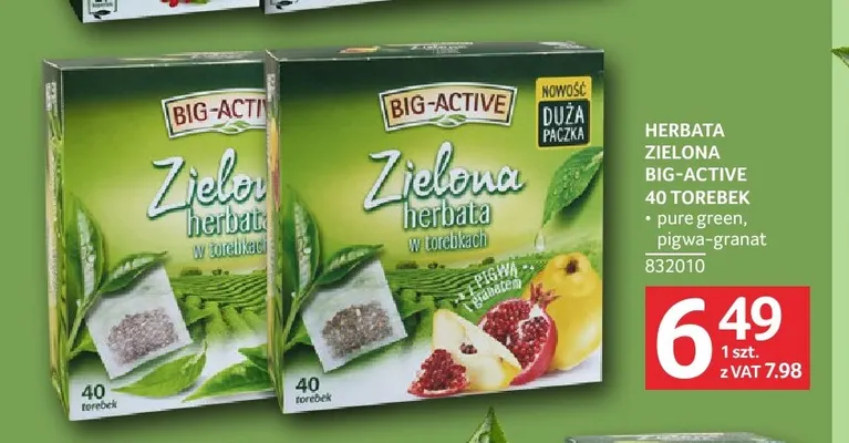 Herbata zielona Big-Active pure green 40 torebek promocja w Selgros